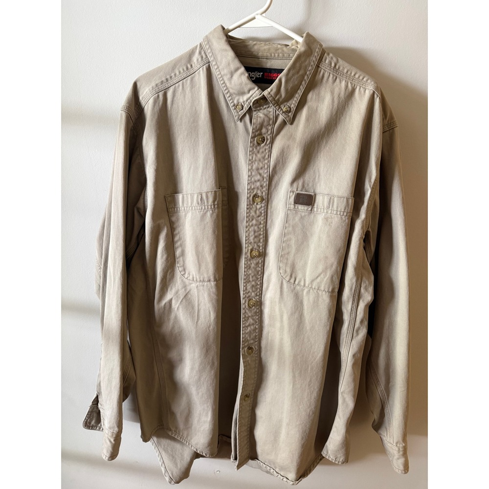 Wrangler Riggs Workwear Mens XL Khaki Cotton Twill Button Down Utility Shirt